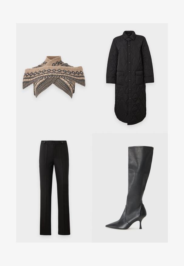 Black quilted long coat with a pointed collar, front button closure, and two patch pockets. Smooth texture with a diamond pattern.; Wrap scarf in beige and dark gray wool, featuring triangular and wave patterns, with a crossover collar design and soft texture.; Black tailored trousers with a straight leg, two front pockets, a button closure, and pleat detailing on the front. Smooth fabric texture.; Knee-high black leather boots with a pointed toe and a slim stiletto heel. Smooth texture with a fitted design and stitching at the top edge.