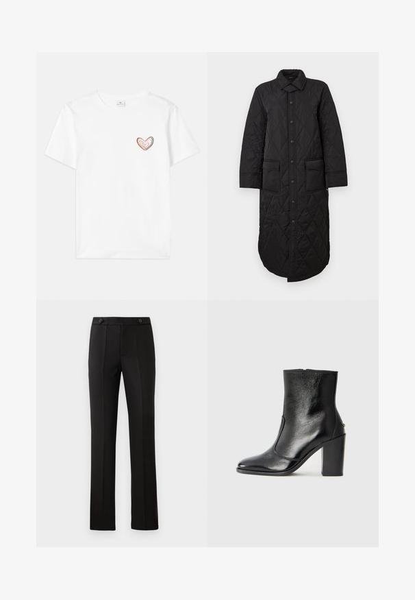 Juodas siuvinėtas ilgas paltas su smailiu apykakliu, priekyje mygtukų užsegimas ir dvi kišenės. Lygi tekstūra su deimanto raštu.; Balta medvilnės marškinėliai su daugiaspalve širdies dizaino detale kairėje krūtinės pusėje. Trumpomis rankovėmis ir klasikiniu apvaliu kaklu.; Juodos pritaikytos kelnės su tiesiomis kojomis, dviem priekinėmis kišenėmis, mygtuko uždarymu ir raukšlėmis priekyje. Glotnaus audinio tekstūra.; Juodas odinis kulkšninis batas su lygiu paviršiumi, smailiu pirštu ir masyviu aukštu kulnu. Savybė - šoninis atidarymas ir minimalistiškas dizainas.
