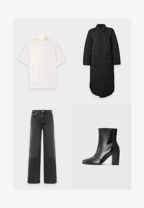Zwarte doorstikte lange jas met een puntige kraag, sluiting met knopen aan de voorkant en twee opgestikte zakken. Gladde textuur met een ruitenpatroon.; Witte T-shirt met korte mouwen, voorzien van een gedrapeerde stofaccent bij de hals. Gemaakt van zacht materiaal met een relaxte pasvorm en een gladde textuur.; Zwarte high-waist straight leg denim jeans met een voorste knoop en ritssluiting, twee voorzakken en twee achterzakken.; Zwarte leren enkelboot met een gladde textuur, spitse neus en een gedurfde hoge hak. Beschikt over een zijopening en een minimalistisch ontwerp.