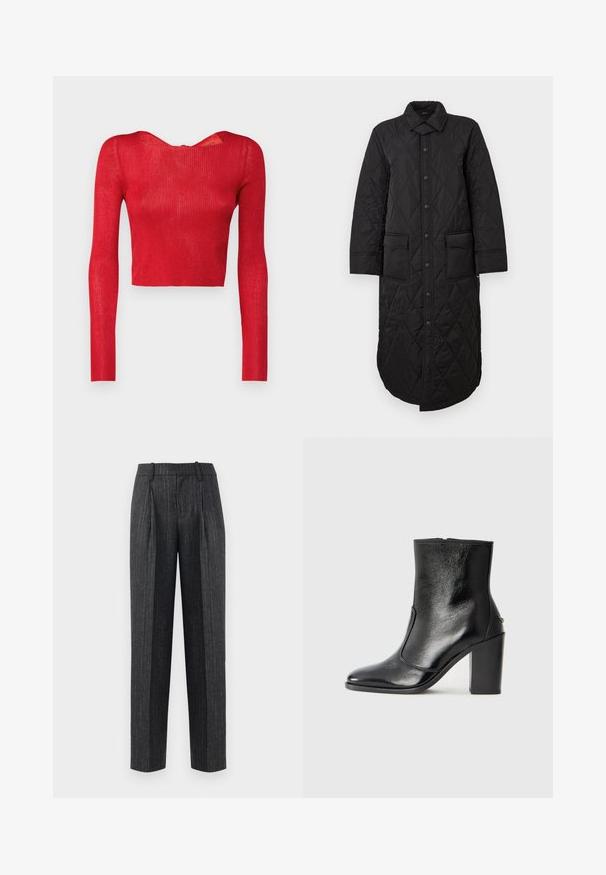 Black quilted long coat with a pointed collar, front button closure, and two patch pockets. Smooth texture with a diamond pattern.; Red ribbed long-sleeve crop top with a wide neckline and a zipper closure at the back. Smooth texture and fitted silhouette.; Tailored trousers in dark gray fabric with light pinstripes, featuring a straight cut, front pleats, and a smooth texture.; Black leather ankle boot with a smooth texture, pointed toe, and a chunky high heel. Features a side opening and minimalistic design.