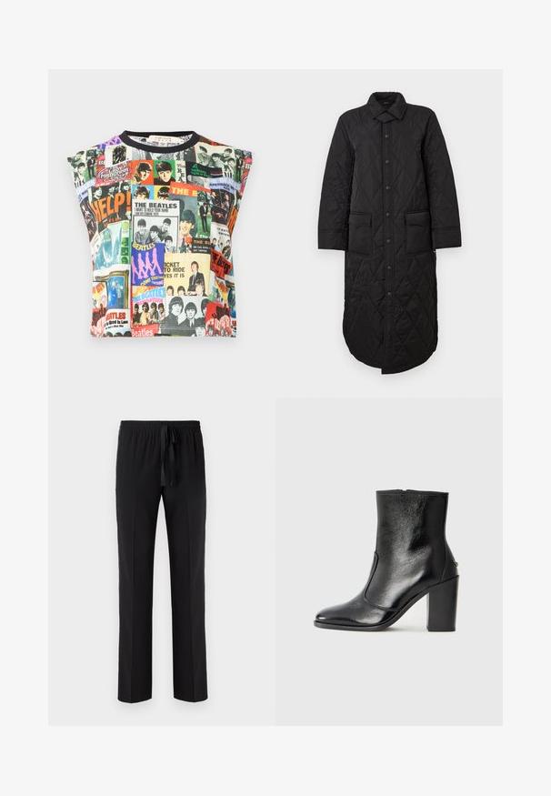Cappotto lungo trapuntato nero con colletto a punta, chiusura frontale con bottoni e due tasche a toppa. Tessuto liscio con un motivo a diamante.; Alice + Olivia MICAH MUSCLE TANK - Top - twist and shout; Pantaloni neri con vita elastica e cordino regolabile, caratterizzati da un taglio dritto e una texture liscia. Senza fantasie né accenti.; Stivale alla caviglia in pelle nera, con una superficie liscia, punta affilata e tacco alto e massiccio. Presenta una apertura laterale e un design minimalista.