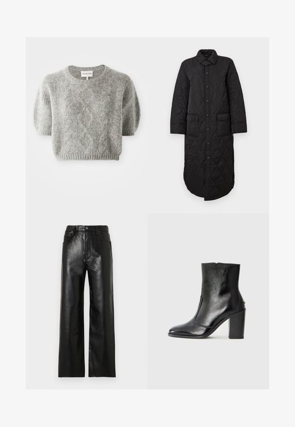 Černý prošívaný dlouhý kabát s špičatým límcem, předním zapínáním na knoflíky a dvěma našitými kapsami. Hladký povrch s diamantovým vzorem.; Šedý pulovr s krátkým rukávem, zdobený kabelovým pletením a žebrovaným lemem. Vyrobeno z měkkého, texturovaného materiálu. Značková nálepka viditelná na krku.; Černé kožené kalhoty s širokými nohavicemi a lesklým povrchem, s předními kapsami, zipem na přední straně a zapínáním na knoflík. Hladká textura po celé ploše.; Černé kožené kotníkové boty s hladkou texturou, špičatou špičkou a robustním vysokým podpatkem. Mají boční otvor a minimalistický design.