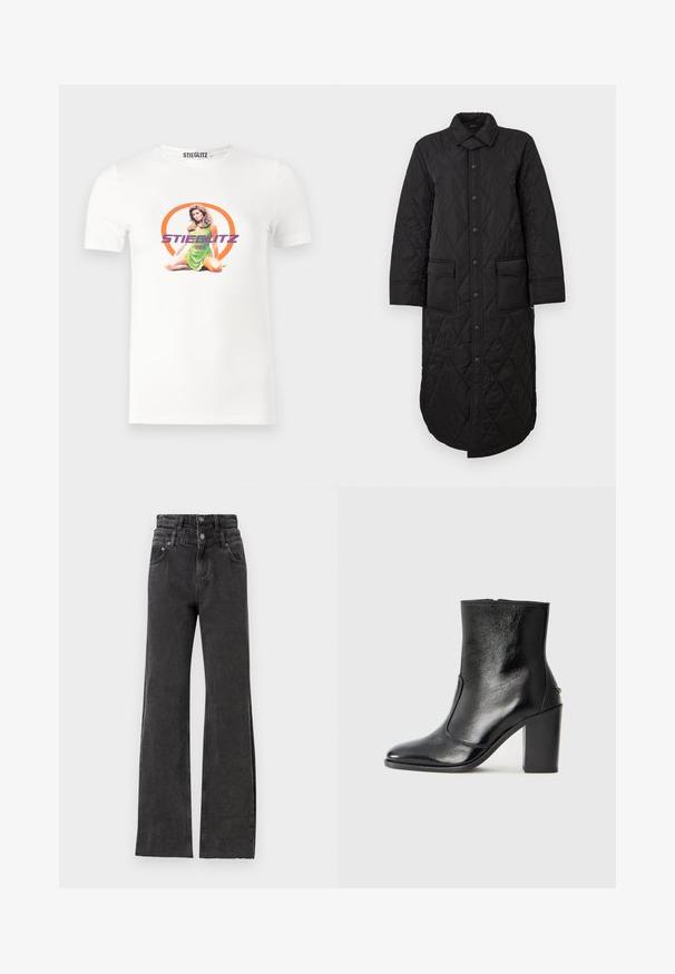 Black quilted long coat with a pointed collar, front button closure, and two patch pockets. Smooth texture with a diamond pattern.; White cotton t-shirt featuring a graphic print of a seated woman in a green dress, surrounded by an orange circle and purple text.; Black high-waisted jeans feature a straight leg design, subtle distressed detailing, and metal button hardware at the waist.; Black leather ankle boot with a smooth texture, pointed toe, and a chunky high heel. Features a side opening and minimalistic design.