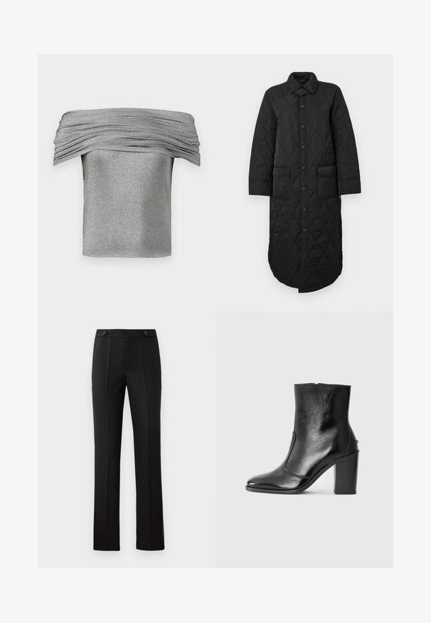 Čierny prešívaný dlhý kabát s špicatým golierom, predným zapínaním na gombíky a dvoma náprsními vreckami. Hladká textúra s diamantovým vzorom.; Strieborný top bez ramienok s nariasenou textúrou, vyrobený z trblietavého materiálu. Krátky, priliehavý strih s hladkým povrchom.; Čierne nohavice na mieru so rovnými nohavicami, dvoma prednými vreckami, gombíkovým zapínaním a skladaním na prednej strane. Hladká textúra látky.; Čierna kožená kotníková obuv s hladkým povrchom, špicatou špičkou a masívnym vysokým podpätkom. Zdobená bočným otvorom a minimalistickým dizajnom.