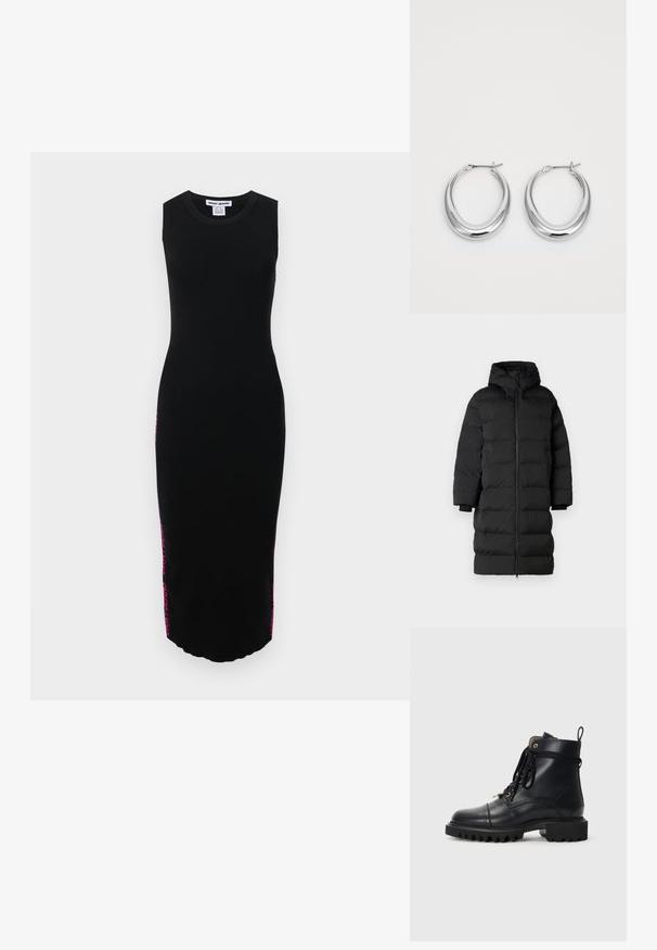 Černá péřová bunda s kapucí, má dlouhý, rovný střih, vodorovné prošívané sekce a elastické manžety. Zapínání na zip vpředu.; Černé pletené bezrukávové midi šaty se žebrovanou texturou a výrazným růžovým logem podél stran. Přímočarý silueta a zaoblený lem.; Černá kožená kotníková bota s kulatou špičkou, robustní gumovou podešví, šněrováním a poutkem; obsahuje zlaté očko a prošívané detaily.; Pár leštěných stříbrných půlměsíčních náušnic s kloubovými sponami na bílém pozadí.