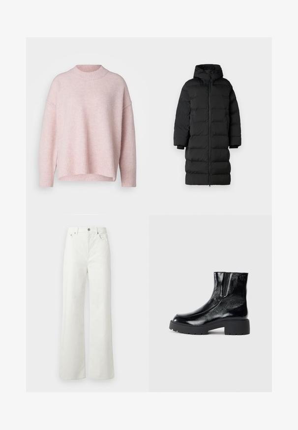 Črni puhovka s kapuco, ima dolg, raven kroj, vodoravno prešite sekcije in elastiko na manšetah. Zadrga na sprednji strani.; Svetlo roza, oversized pulover iz mehke pletene tkanine. Ima rebrast ovratnik in rob, padla ramena ter sproščen kroj.; Samsøe Samsøe SHELLY - Široke kavbojke - clear cream; Črne gležnarje z sijajnim patentiranim usnjem, debele črne gumijaste podplate in dvignjen petni del; vključujejo subtilen logotip na strani.