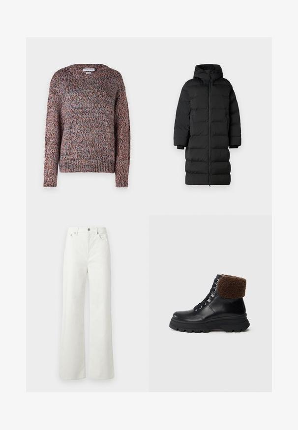 Giacca a vento nera con cappuccio, presenta un taglio lungo e dritto, sezioni trapuntate orizzontali e polsini elasticizzati. Chiusura con zip sul davanti.; Maglione spesso a maglia con scollatura rotonda, caratterizzato da fili multicolori in tonalità di rosa, blu e marrone. Maniche e orlo a coste.; Samsøe Samsøe SHELLY - Jeans baggy - clear cream; Stivale in pelle nera con lacci, suola spessa a tasselli e colletto in shearling marrone ripiegato, mostrato di lato su uno sfondo semplice.