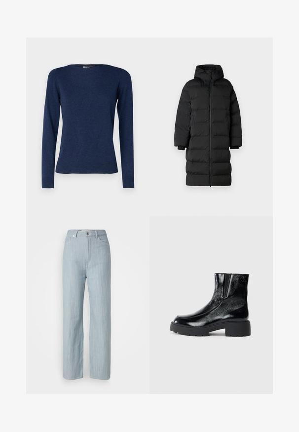 Black puffer coat with a hood, features a long, straight cut, horizontal quilted sections, and elastic cuffs. Zipper closure at the front.; Repeat Jumper - night; Light blue straight-leg jeans made of denim. Features five pockets, a metal button closure, and subtle whiskering for texture.; Black ankle boots with a glossy patent leather finish, chunky black rubber sole, and raised heel; includes subtle logo detail on the side.