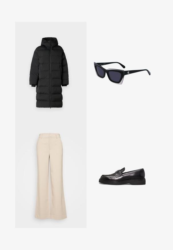 Schwarze Daunenjacke mit Kapuze, hat einen langen, geraden Schnitt, horizontale Steppnahtabschnitte und elastische Bündchen. Reißverschluss vorne.; Weißes Baumwoll-T-Shirt mit kurzen Ärmeln, rundem Ausschnitt, lockerer Passform und ohne sichtbare Muster oder Grafiken. Glatte Textur und einfaches Design.; Beige weite Hosen mit glatter Textur, ausgestattet mit einem hohen Taillenbund und zwei vorderen Taschen. Schlichtes Design mit taillierter Passform.; Calvin Klein Slipper - ck black; Schwarze übergroße Sonnenbrille mit geometrischer Form, ausgestattet mit dunklen Gläsern und einem kontrastierenden grauen Detail im Rahmen. Logo am Bügel.; Silberne Metalohrringe mit einer glatten, tröpfchenförmigen Form und einer polierten Oberfläche. Subtile Gravuren fügen Details hinzu. Minimalistisches Design.