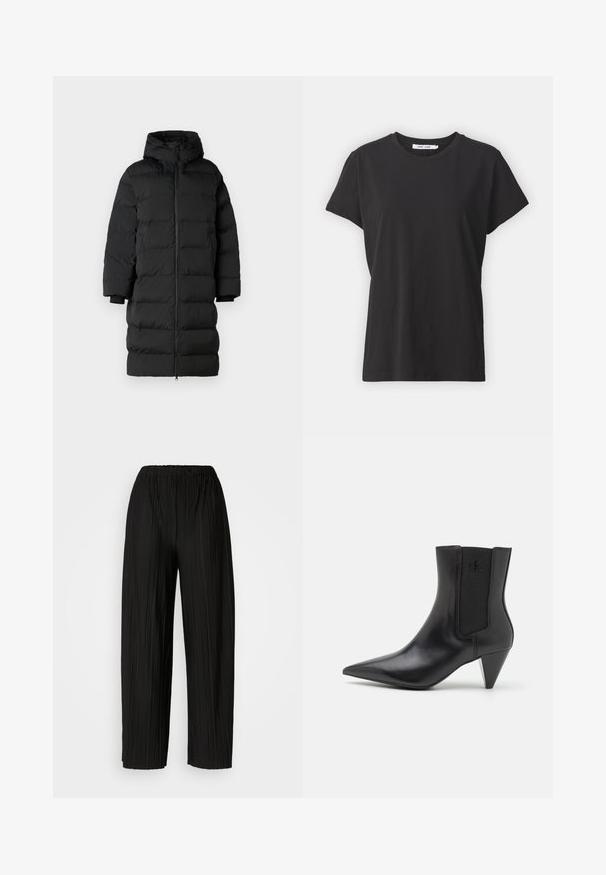 Doudoune noire avec capuche, présente une coupe longue et droite, des sections à piquages horizontaux et des poignets élastiques. Fermeture zippée à l'avant.; T-shirt en coton noir avec un col rond classique, des manches courtes et une coupe décontractée. Texture lisse, sans motifs ni accents visibles.; Pantalons larges plissés noirs avec une taille élastique. Le tissu présente des plis verticaux et une texture lisse.; Calvin Klein Jeans CONE HEEL BOOT - Bottines - triple black