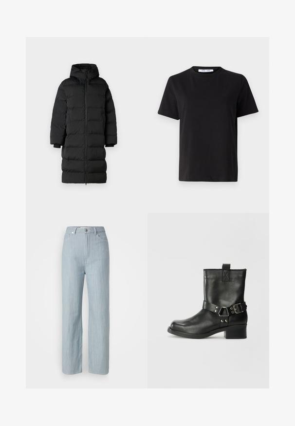 Crni puhovkasti kaput s kapuljačom, s dugim, ravnim krojem, horizontalno kvadriranim dijelovima i elastičnim manžetama. Zatvaranje na patentni zatvarač sprijeda.; Crna kratka majica s kratkim rukavima od mekanog pamuka, s okruglim izrezom, opuštenim krojem i glatkom teksturom. Nema vidljivih uzoraka ili grafike.; Svijetloplave traperice ravnog kroja. Imaju pet džepova, metalno dugme za zatvaranje i suptilne tragove habanja za dodatnu teksturu.; Samsøe Samsøe SABRENTA - Kaubojske/motorističke gležnjače - black