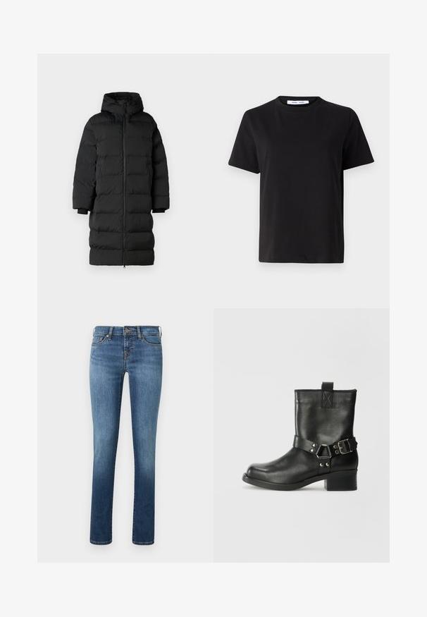 Melna pūkainā jaka ar kapuci, ar garu, taisnu griezumu, horizontālām quiltētām sekcijām un elastīgām aprocēm. Priekšējā daļā ir rāvējslēdzēja aizdare.; Melna īsām piedurknēm T-kreklu, kas izgatavots no mīksta kokvilnas, ar apļveida kakla izgriezumu, brīvu piegriezumu un gludu tekstūru. Nav redzamu rakstu vai grafikas.; Zili džinsi no zila denima ar taisnu kāju griezumu, ar vieglu izbalējumu, piecām kabatām un vienu pogu jostas vietā.; Samsøe Samsøe SABRENTA - Kovboju/motociklistu tipa puszābaki - black