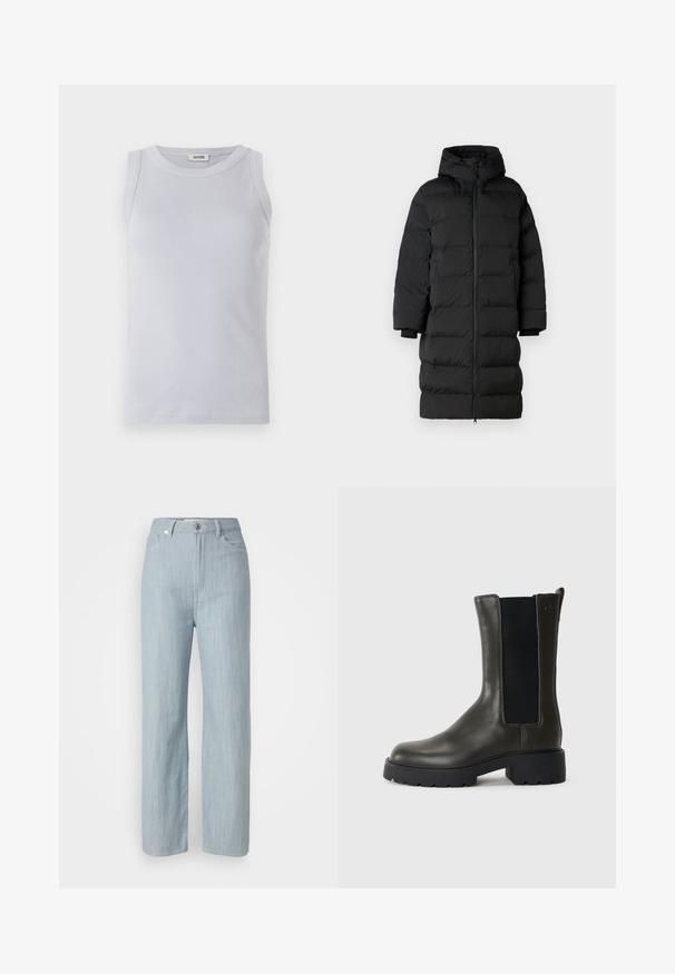 Svart jakke med hette, har en lang, rett passform, horisontalt quiltede seksjoner og elastiske mansjetter. Glidelås foran.; Lyseblå ribbet tanktop med rund halsutskjæring. Glatt tekstur og ermeløst design, med en subtil merkeetikett på halsen.; Lys blå rett ben jeans laget av denim. Har fem lommer, en metallknapplukking og subtil slitasje for tekstur.; Grønn skinn ankelstøvel med elastiske sidepaneler, rund tå og gummisal. Har en teksturert overflate og blokkhæl.