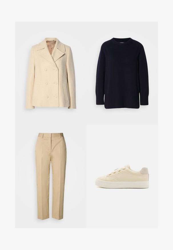 Double-breasted beige wool coat with peak lapels, prominent stitching, side pockets, and textured fabric. Lined interior.; Dark navy blue crewneck long-sleeve sweater with a soft, knitted texture and ribbed cuffs and hem against a light gray background.; Beige straight-leg trousers with belt loops, front crease, and concealed closure, displayed against a light background.; Beige leather sneaker with a smooth finish, round toe, flat white sole, and gold hardware accents. Gray suede heel tab. GANT logo on side.