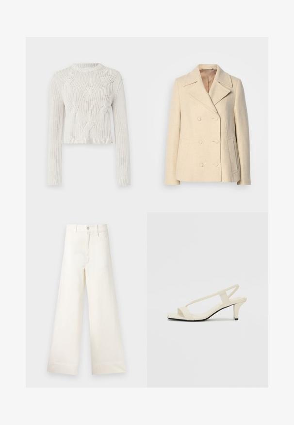 Beige Wolle Doppeltbreasted Mantel mit Spitzenrevers, auffälligen Nähten, Seitentaschen und strukturiertem Stoff. Gefüttertes Innere.; Cremiger gestrickter Pullover mit Rundhalsausschnitt, der ein strukturiertes Wellenmuster, lange Ärmel und einen verkürzten Saum hat.; Weite Hosen aus hellem beigen Baumwollstoff. Mit hoher Taille, vorderen Taschen und geradem Schnitt. Saubere Saumverarbeitung ohne Muster.; Beige Blockabsatzsandalen mit dünnen Riemen und quadrater Spitze. Glattes Material mit minimalem Design, entworfen für einfaches Tragen.
