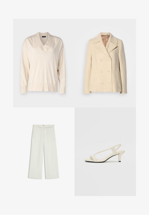 Cappotto in lana beige doppiopetto con rever a punta, cuciture in evidenza, tasche laterali e tessuto testurizzato. Interno foderato.; Maglione beige con scollo a V e maniche lunghe. Realizzato in un tessuto morbido e leggero. Presenta una vestibilità rilassata e polsini e orlo a costine.; Pantaloni a gamba larga in tessuto crema chiaro, dotati di tasche laterali, frontale liscio e chiusura a un bottone in vita. Texture morbida.; Sandali con tacco a blocco beige, con sottili cinturini e punta quadrata. Materiale liscio con dettagli minimi, progettati per un facile utilizzo.