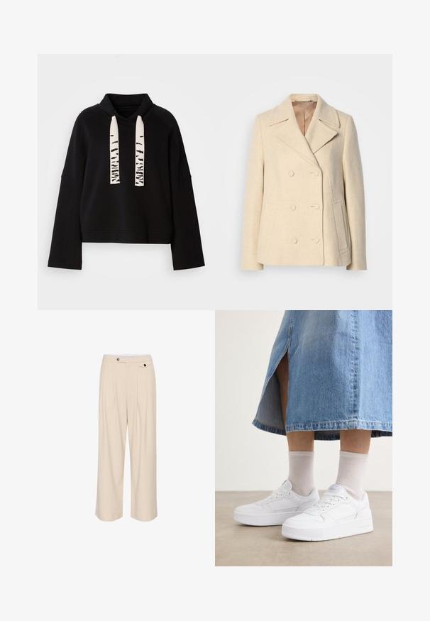 Dwurzędowy beżowy płaszcz wełniany z wyłogami, widocznym przeszyciem, bocznymi kieszeniami i teksturowanym materiałem. Podszewka wewnętrzna.; Czarna bluza z kapturem z długim rękawem, wysokim kołnierzem i szerokimi białymi sznurkami z czarnymi abstrakcyjnymi wzorami.; Beżowe spodnie typu wide-leg z płaskim przodem, dwoma bocznymi kieszeniami, zapięciem na guzik i plisowanymi detalami, które dodają faktury i stylu.; Białe sneakersy z teksturowanej skóry, z platformą, okrągłym nosem i systemem sznurowania; dobrane z jasnoszarymi skarpetkami do kostek i dżinsową spódnicą.