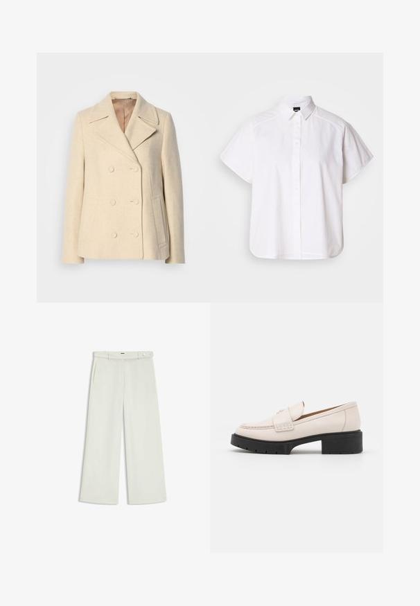 Beige villakangasgolf, jossa on kaksoisnapitus, teräväkaulus, näkyvät ompeleet, sivutaskut ja teksturoitu kangas. Vuorattu sisus.; Valkoinen lyhythihainen nappikauluspaita, jossa on terävä kaulus ja kaareva helma. Valmistettu puuvillasta, jossa on sileä pinta ja ei havaittavissa olevia kuvioita.; Housut leveillä lahkeilla vaalean kermaisessa kankaassa, jossa on sivutaskut, litteä etuosa ja yksi nappikiinnitys vyötäröllä. Silkkinen pinta.; Vaaleanbeige nahkaloaferit, joissa on ommeltu etuosa ja teksturoitu musta korko. Ominaisuuksiin kuuluu kaareva muotoilu ja kevyt kohotus.