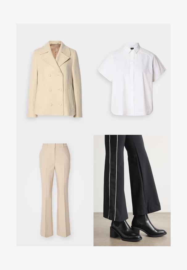 Manteau en laine beige croisé avec revers en pointe, coutures apparentes, poches latérales et tissu texturé. Intérieur doublé.; Chemise blanche à manches courtes, à boutons, avec un col pointu et un ourlet arrondi. Fabriquée en coton, elle possède une texture lisse et sans motifs visibles.; GANT FLARE SLACK - Pantalon classique - dry sand; Bottines en cuir Noir avec un talon bloc, dotées de panneaux élastiques sur les côtés. Associées à un pantalon noir avec une rayure blanche sur le côté.