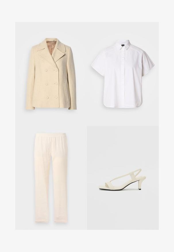 Dubbelzijdige beige wollen jas met pieklapels, opvallende stiksels, zijzakken en een gestructureerde stof. Gevoerde binnenkant.; Witte kortemouw overhemd met knopen, voorzien van een puntige kraag en een gebogen zoom. Gemaakt van katoen met een gladde textuur en zonder zichtbare patronen.; Lichtbeige broek met een elastische tailleband, met een recht model en een gladde textuur, gemaakt van lichtgewicht stof.; Beige blockhak sandalen met dunne bandjes en een vierkante neus. Glad materiaal met minimale details, ontworpen voor eenvoudig dragen.