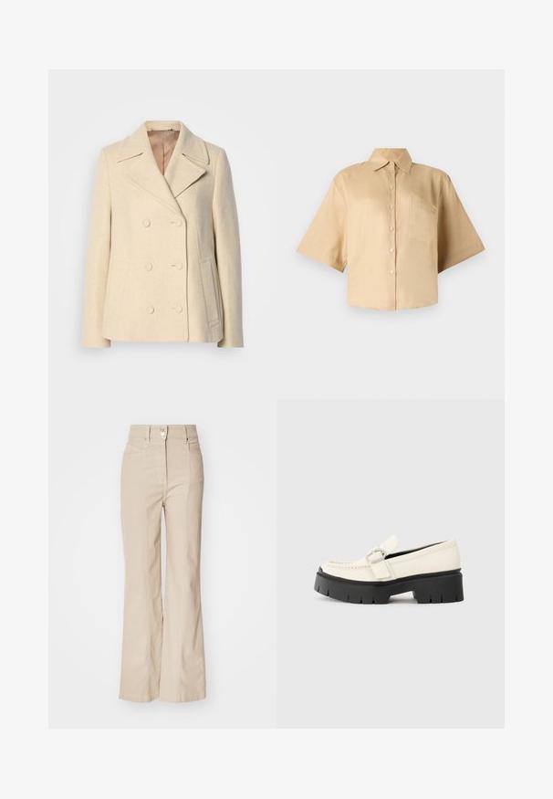 Divkārtīgs bēšu vilnas mētelis ar asiem klājiem, izteiktām šuvēm, sānu kabatām un teksturētu audumu. Iekšpuse ar oderi.; Īsām piedurknēm, bēša krekls ar klasisku apkakli, priekšējo pogu aizdari un kreisajā krūtī kabatu. Gluda auduma bez redzamām rakstu vai tekstūru izmaiņām.; Beige augstās jostas flared bikses, izgatavotas no kokvilnas maisījuma, ar priekšējiem kabatām, ar rāvējslēdzēju un sudraba pogas detaļu jostasvietā.; Baltā ādas loafera ar masīvu melnu platformu, ar taisnstūra sudraba sprādzi un redzamām šuvām augšējā daļā.