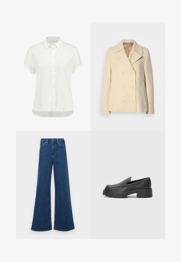 Dvigubos skilties smėlio spalvos vilnos paltas su smailiomis apykaklėmis, akcentuota siuvinėjimu, šoninėmis kišenėmis ir tekstūriniu audiniu. Išklijuotas vidus.; Balta trumpa rankovėmis bluzė, pagaminta iš lengvos medžiagos, su mygtukų uždarymu priekyje, apykakle ir sukamu manžetėmis bei šiek tiek išlenktomis kraštinėmis.; Mėlynos džinsinės plačios kelnes su aukštu juosmeniu, turinčios penkias kišenes, mygtukų užsegimą ir kontrastingą siuvinėjimą siūlėse.; Juodi odiniai loaferiai su apvaliu pirštu, storu tekstūruotu padu ir minimaliu siūlių dekoru. Išskirtinis dizainas be matomų raištelių ar furnitūros.