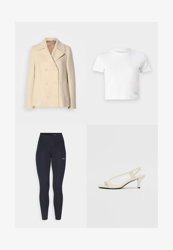 Dubbelzijdige beige wollen jas met pieklapels, opvallende stiksels, zijzakken en een gestructureerde stof. Gevoerde binnenkant.; Witte cropped t-shirt van zacht katoen, met een hoge hals en korte mouwen. Klein geborduurd logo in de onderhoek.; Zwarte leggings met een hoge tailleband, gemaakt van rekbaar stof, met een klein wit logo op de dij en een gladde textuur.; Beige blockhak sandalen met dunne bandjes en een vierkante neus. Glad materiaal met minimale details, ontworpen voor eenvoudig dragen.