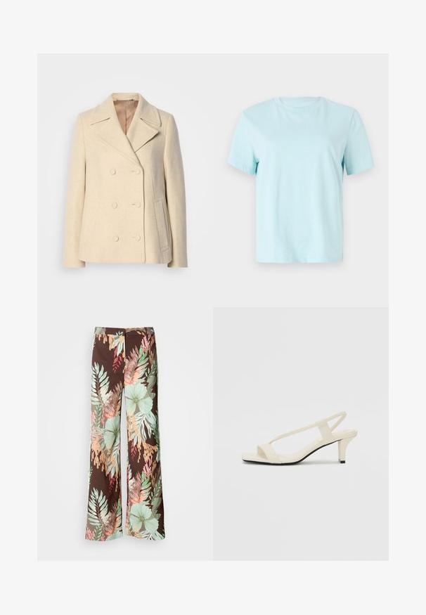 Dwurzędowy beżowy płaszcz wełniany z wyłogami, widocznym przeszyciem, bocznymi kieszeniami i teksturowanym materiałem. Podszewka wewnętrzna.; Jasnoniebieska bawełniana koszulka z krótkim rękawem, okrągłym dekoltem i subtelnym haftowanym logo 'Calvin Klein' z przodu.; Spodnie o szerokich nogawkach wykonane z ciemnobrązowej tkaniny z żywym kwiatowym i liściastym wzorem w odcieniach zieleni, czerwieni i brzoskwini. Miękki, lekki materiał.; Beżowe sandały na blokowym obcasie z cienkimi ramiączkami i kwadratowym noskiem. Gładki materiał z minimalną ilością detali, zaprojektowane z myślą o łatwym zakładaniu.