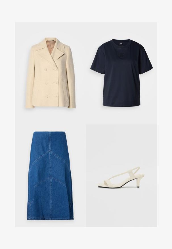 Palton din lână bej, cu două rânduri de nasturi, rever ascuțit, cusături proeminente, buzunare laterale și țesătură texturată. Interior căptușit.; Tricou de culoare bleumarin cu maneca scurtă, realizat din bumbac moale. Previne o gât rotund și are un logo brodat subtil pe piept.; Fustă tip creion din denim de culoare albastră închisă, cu detalii cusute vertical și o siluetă dreaptă. Dispune de un brâu și un tiv brut.; Sandale bej cu toc bloc, cu bretele subțiri și vârf pătrat. Material neted cu detalii minime, concepute pentru a fi ușor de purtat.