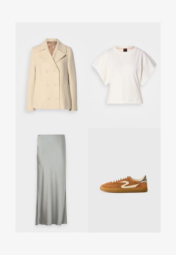 Beige Wolle Doppeltbreasted Mantel mit Spitzenrevers, auffälligen Nähten, Seitentaschen und strukturiertem Stoff. Gefüttertes Innere.; Weißes, kurzes T-Shirt, kurze weite Ärmel, weicher Baumwollstoff, runder Ausschnitt mit subtilen orangefarbenen Akzenten, minimales Design, keine Muster oder Grafiken.; Hellgrauer, satinierter Maxirock mit glatter Textur und Seitenschlitz, entworfen mit einem geraden Schnitt für eine fließende Silhouette.; Wildlederschuhe in Braun und Creme mit einem einzigartigen Zickzack-Muster, beigen Schnürsenkeln und einer Sohle aus Gummi. Metallische Akzente an der Ferse.