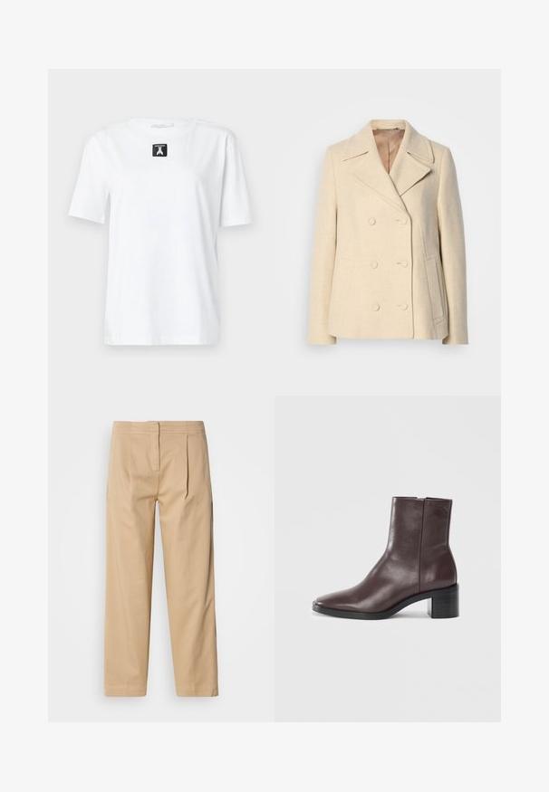 Double-breasted beige wool coat with peak lapels, prominent stitching, side pockets, and textured fabric. Lined interior.; White cotton T-shirt with short sleeves, a round neck, and a black rectangular label on the front featuring a logo. Simple and versatile design.; Beige cotton pants with a relaxed fit, featuring two front pleats, a straight leg, and a classic button closure at the waistband.; Dark brown leather ankle boot with square toe, block heel, and subtle embossed logo near top on a plain white background.