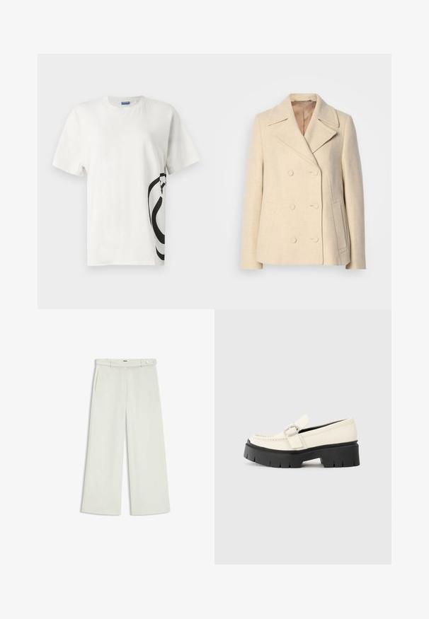 Beige villakangasgolf, jossa on kaksoisnapitus, teräväkaulus, näkyvät ompeleet, sivutaskut ja teksturoitu kangas. Vuorattu sisus.; Valkoinen puuvillapaita, jossa on suuri musta abstrakti graafinen kuvasto vasemmalla puolella, lyhyet hihat ja pyöreä kaula-aukko.; Housut leveillä lahkeilla vaalean kermaisessa kankaassa, jossa on sivutaskut, litteä etuosa ja yksi nappikiinnitys vyötäröllä. Silkkinen pinta.; Valkoinen nahkainen loafers-kengät, joissa on paksu musta pohja, esillä suorakaiteen muotoinen hopeinen solki ja näkyvät ompelusaumat päällä.