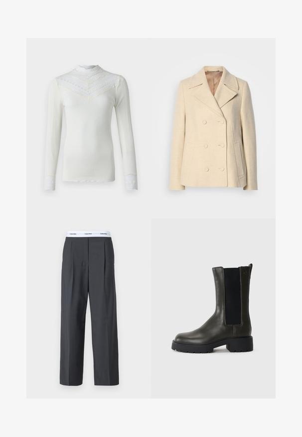 Διπλόκλειστο μπεζ παλτό από μαλλί με αιχμηρές παγιέτες, έντονη ραφή, πλαϊνές τσέπες και υφαντό ύφασμα. Επενδεδυμένο εσωτερικό.; Rosemunde BENITA REGULAR T NECK - Μπλούζα με μακριά μανίκια - ivory; Γκρίζες παντελόνες φαρδιάς γραμμής από απαλό ύφασμα, με πιέτες μπροστά και λευκή ζώνη με το λογότυπο Calvin Klein.; Πράσινο δερμάτινο μποτάκι στον αστράγαλο με ελαστικές πλευρές, στρογγυλή μύτη και καουτσούκ σόλα. Διαθέτει υφή και φουσκωτό τακούνι.
