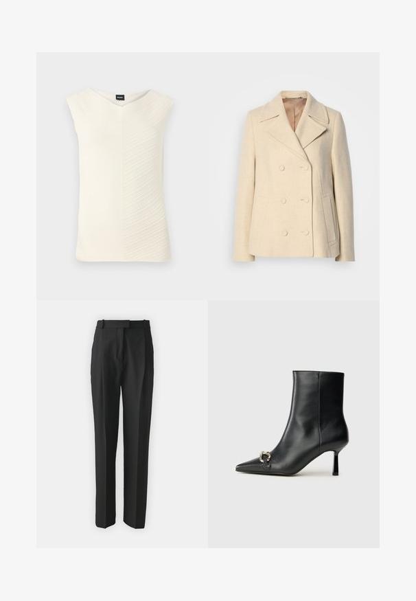 Dvigubos skilties smėlio spalvos vilnos paltas su smailiomis apykaklėmis, akcentuota siuvinėjimu, šoninėmis kišenėmis ir tekstūriniu audiniu. Išklijuotas vidus.; Kreminės spalvos be rankovių palaidinė su V formos iškirpte, tekstūrine bangų raštu ir prigludusia siluetu, pagaminta iš minkštos, elastingos medžiagos.; Juodi pritaikyti kelnes pagamintos iš lengvos medžiagos, turinčios tiesų kirpimą, plokščią priekinę dalį ir diržo kilpas. Lygus paviršius be matomų raštų.; Juodas odinis apavas iki kulkšnies su smailiu nosiu, plonu vidutinio aukščio kulnu ir sidabriniu sagties akcentu šone, prieš paprastą foną.