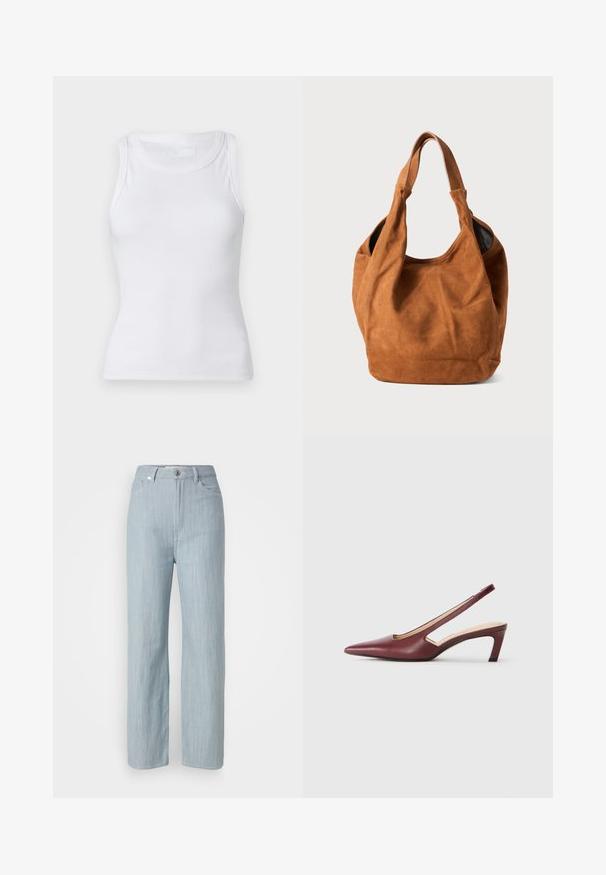 Dobbeltbrystet beige uldfrakke med spidse kraver, fremtrædende syninger, sidelommer og strukturstof. Foret inderside.; Hvid ribbet tanktop med rund halsudskæring og ærmeløs design. Materialet virker glat med en tætsiddende silhuet. Ingen synlige mønstre eller accenter.; Lysblå straight-leg jeans lavet af denim. Har fem lommer, en metal knaplukning og subtile slidser for tekstur.; Bordeaux slingback hæle med spids tå, udskæringsdetaljer på siden og en midt-høj blokhæl. Glat læderfinish.; Brun ruskind skuldertaske med en blød overflade, buet form og to håndtag. Har et minimalistisk design uden synligt hardware eller dekorationer.