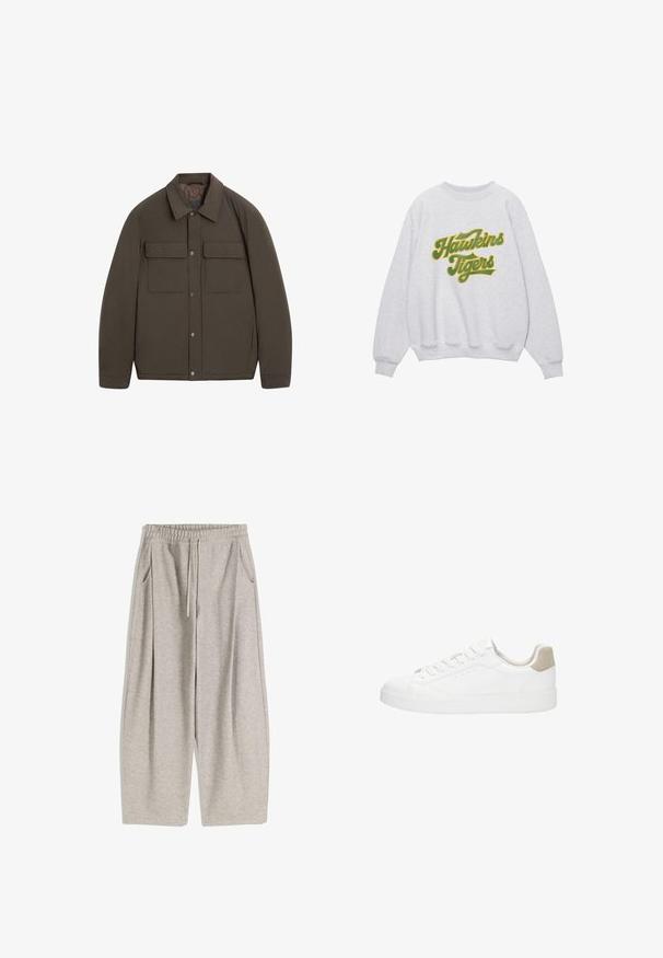 Brązowa, ocieplana kurtka z kołnierzem, z przodu zatrzaski, dwie kieszenie na piersiach. Gładka faktura i dopasowany krój.; Szara bluza z kapturem z napisem "Hawkin's Tigers" w zielonym, kursywie. Projekt zawiera ściągacze na mankietach i dekolcie oraz ma miękką teksturę.; Jasnoszare dresy z elastycznym pasem, regulowanym sznurkiem, dwoma bocznymi kieszeniami i luźnymi, rozszerzanymi nogawkami. Miękka faktura, plisowany wzór.; Białe sneakersy z gładką skórzaną cholewką i okrągłym noskiem. Posiadają beżowy zamszowy element na pięcie, płaskie sznurówki oraz białą gumową podeszwę.