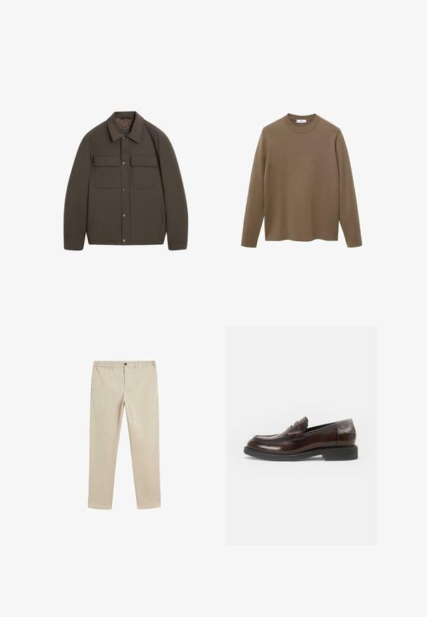 Giacca imbottita marrone con collo a risvolto, chiusure frontali a scatto e due tasche sul petto. Tessuto liscio e vestibilità sagomata.; Maglione marrone a maniche lunghe con collo a giro, realizzato in materiale liscio e morbido; presenta una vestibilità rilassata e un orlo dritto.; Pantaloni in cotone beige con elastico in vita, chiusura a bottone, design a gamba dritta e tasche standard sui lati e sul retro.; Vagabond ALEX - Mocassini eleganti - chestnut