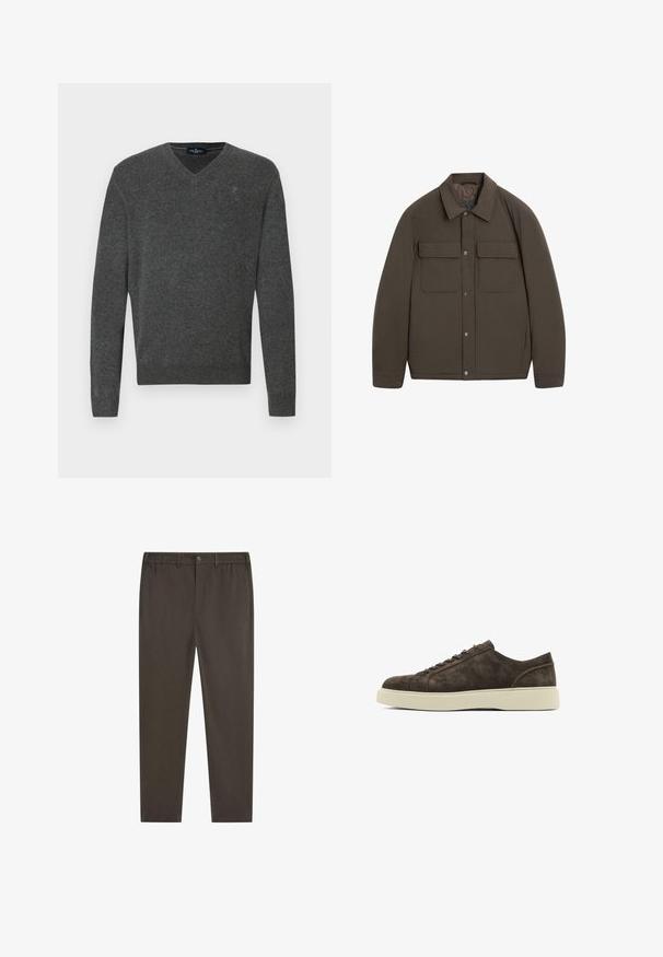 Bruine gewatteerde jas met een kraag, drukknoopsluiting aan de voorkant en twee borstzakken. Gladde textuur en een nauwsluitende pasvorm.; Grijze v-hals trui gemaakt van zacht materiaal. Heeft ribgebreide manchetten en zoom, met een klein geborduurd logo op de borst. Eenvoudig ontwerp, klassieke pasvorm.; Bruine katoenen t-shirt met een ronde hals en korte mouwen. Eenvoudig ontwerp met een gelijkmatige textuur en een comfortabele pasvorm. Geen patronen of accenten.; Donkerbruine broek met recht model, elastische tailleband, knoopsluiting aan de voorkant en steekzakken aan de zijkant. Soepele stoftextuur.; Bruine fluwelen sneakers met een gladde textuur, ronde neus, platte rubberen zool en een eenvoudig vetersluiting ontwerp. Subtiele stiksels aan de zijkanten.