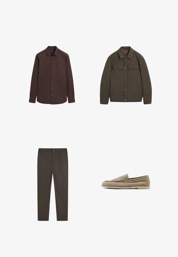 Giacca imbottita marrone con collo a risvolto, chiusure frontali a scatto e due tasche sul petto. Tessuto liscio e vestibilità sagomata.; Massimo Dutti SLIM FIT STRETCH - Camicia - dark brown; Pantaloni color marrone scuro con design a gamba dritta, cintura elastica, chiusura frontale con bottoni e tasche laterali. Tessuto dalla texture liscia.; Mocassini in suede beige con punta rotonda, dettagli cuciti lungo la parte superiore e suola chiara a contrasto. Design minimalista e texture liscia.