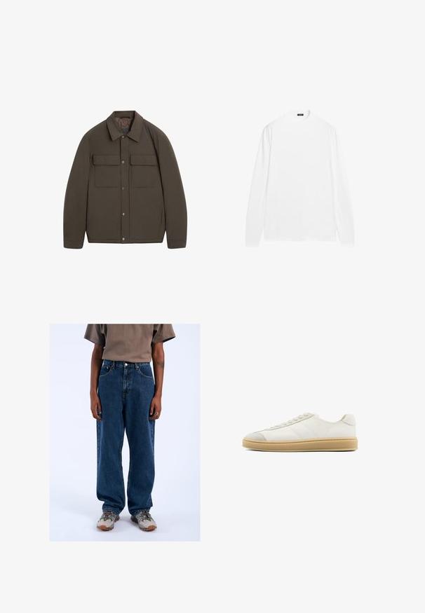 Giacca imbottita marrone con collo a risvolto, chiusure frontali a scatto e due tasche sul petto. Tessuto liscio e vestibilità sagomata.; Camicia bianca a maniche lunghe con scollo rotondo, realizzata in tessuto di cotone liscio. Presenta polsini a costine e un orlo dritto, senza motivi visibili.; Jeans in denim blu scuro con una vestibilità larga, dotati di tasche anteriori, cuciture a zigzag e chiusura a bottone. Indossati con sneakers grigie e verdi.; Sneakers in suede bianco con una texture liscia, punta rotonda, lacci nella parte anteriore e suola in gomma beige. Presentano sottili strisce laterali e dettagli sul tallone.