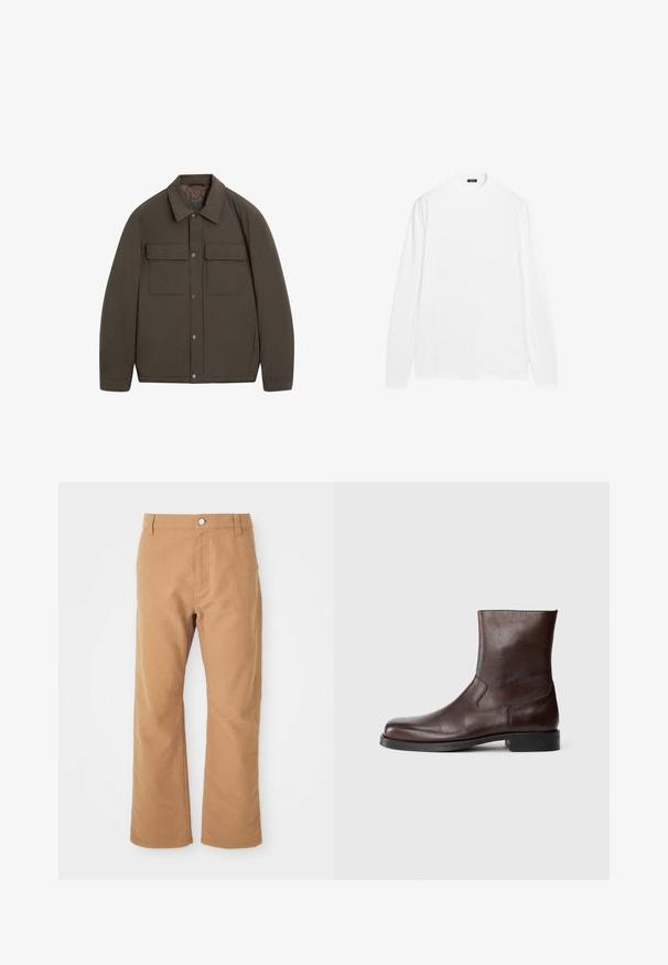 Hnědá prošívaná bunda s límcem, předními zapínáními na cvočky a dvěma náprsními kapsami. Hladký povrch a střih na míru.; Bílé tričko s dlouhým rukávem a kulatým výstřihem, vyrobené z hladké bavlněné tkaniny. Má žebrované manžety a rovný spodní lem, bez viditelných vzorů.; Hnědé bavlněné kalhoty s rovnými nohavicemi, s jedním knoflíkovým zapínáním a jemným prošíváním pro zvýraznění detailu.; Hnědé kožené kotníkové boty s hladkým povrchem, zaoblenou špičkou, minimálním prošíváním a plochou černou gumovou podrážkou.