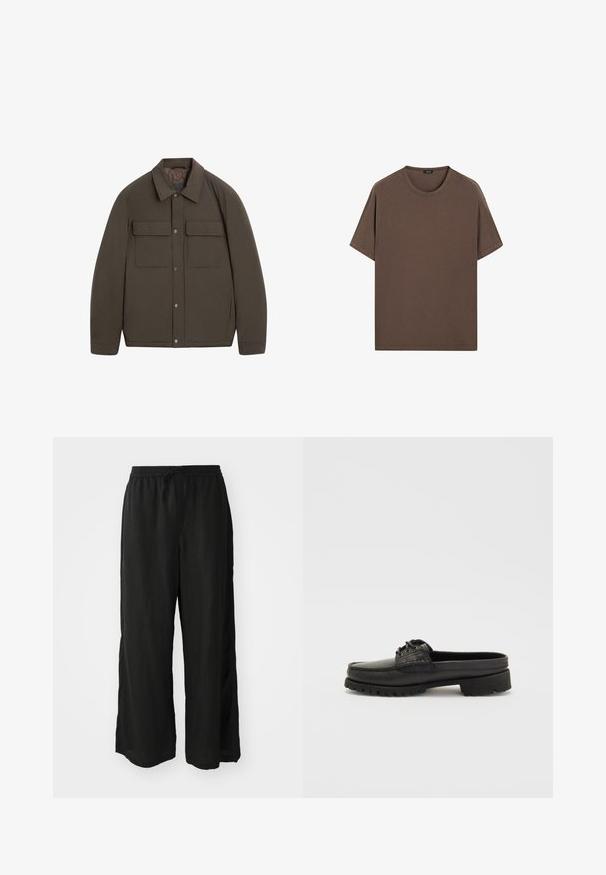 Hnědá prošívaná bunda s límcem, předními zapínáními na cvočky a dvěma náprsními kapsami. Hladký povrch a střih na míru.; Hnědé bavlněné tričko s kulatým výstřihem a krátkým rukávem. Jednoduchý design s rovnoměrnou strukturou a uvolněným střihem. Bez vzorů nebo akcentů.; Černé kalhoty s širokými nohavicemi vyrobené z lehkého materiálu. Elastický pás se šňůrkou. Obsahuje postranní rozparky blízko lemů pro snadnější pohyb.; Černá kožená obuv na klínku s detaily šněrování, zaoblenou špičkou a texturovanou podrážkou. Disponuje mírně zvýšeným podpatkem a hladkým povrchem.