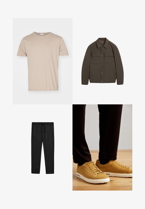 Brązowa, ocieplana kurtka z kołnierzem, z przodu zatrzaski, dwie kieszenie na piersiach. Gładka faktura i dopasowany krój.; Filippa K - T-shirt basic; Massimo Dutti - Spodnie materiałowe; Żółte tenisówki z prążkowanej tkaniny z białymi podeszwami, z okrągłym czubkiem, sznurowanym zapięciem i teksturowaną powierzchnią, noszone z czarnymi spodniami z mankietami na drewnianej podłodze.