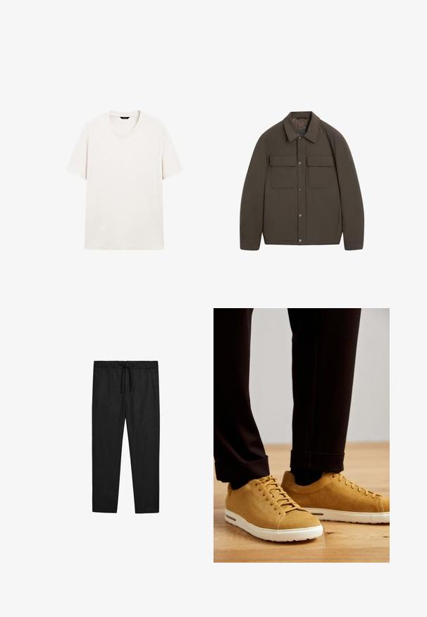 Brązowa, ocieplana kurtka z kołnierzem, z przodu zatrzaski, dwie kieszenie na piersiach. Gładka faktura i dopasowany krój.; Prosta, biała koszulka z krótkim rękawem i okrągłym dekoltem, wyłożona na płasko z widoczną metką przy dekolcie na białym tle.; Massimo Dutti - Spodnie materiałowe; Żółte tenisówki z prążkowanej tkaniny z białymi podeszwami, z okrągłym czubkiem, sznurowanym zapięciem i teksturowaną powierzchnią, noszone z czarnymi spodniami z mankietami na drewnianej podłodze.