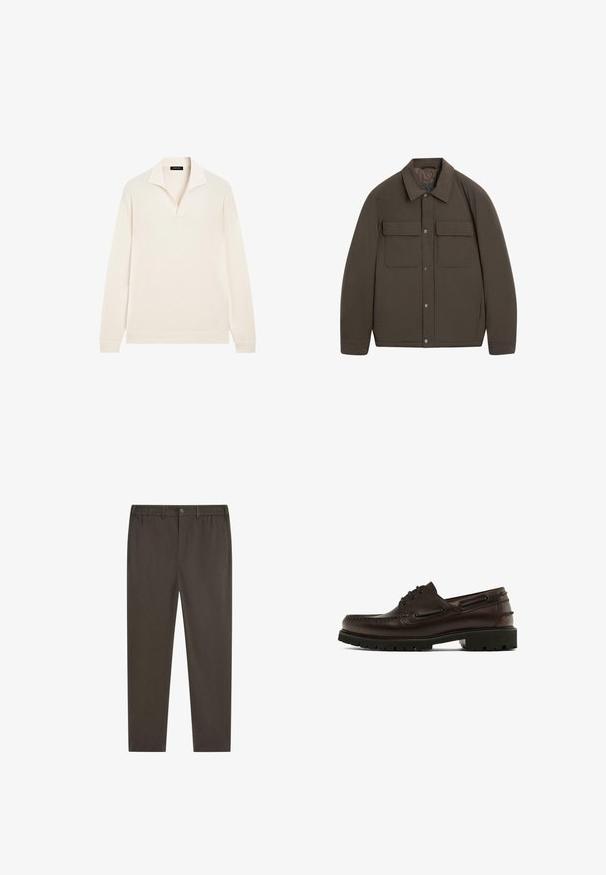 Brązowa, ocieplana kurtka z kołnierzem, z przodu zatrzaski, dwie kieszenie na piersiach. Gładka faktura i dopasowany krój.; Massimo Dutti - Bluzka z długim rękawem; Ciemnobrązowe spodnie o prostych nogawkach, z elastycznym paskiem w talii, przednim zapięciem na guziki i bocznymi kieszeniami. Gładka tekstura tkaniny.; Brązowy skórzany but z zaokrąglonym noskiem, wiązanym fasonem, solidną podeszwą i dekoracyjnym przeszyciem. Posiada metalowe oczka po bokach.