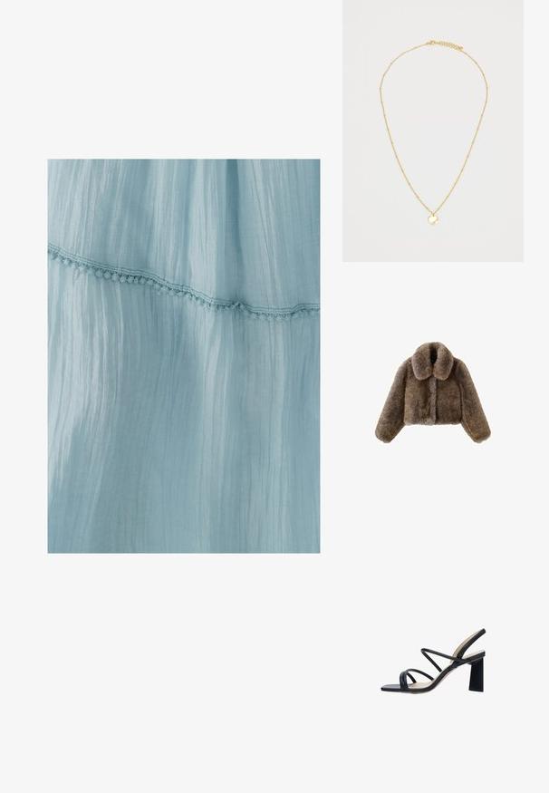 Brown faux fur cropped jacket with a wide collar, full sleeves, textured surface, and front closure. Soft and plush design details.; Light blue dress made of crinkled fabric, featuring a decorative lace trim along the hem. The texture is soft and airy.; Black strappy high-heeled sandal with a square toe, slender crossed straps, and a block heel. Smooth leather texture and minimal design.; Soft dark brown faux fur pouch bag with gathered top and black drawstring cords on each side.; Gold necklace featuring a fine chain with small, evenly spaced beads and a circular pendant. The pendant has a smooth, reflective surface.