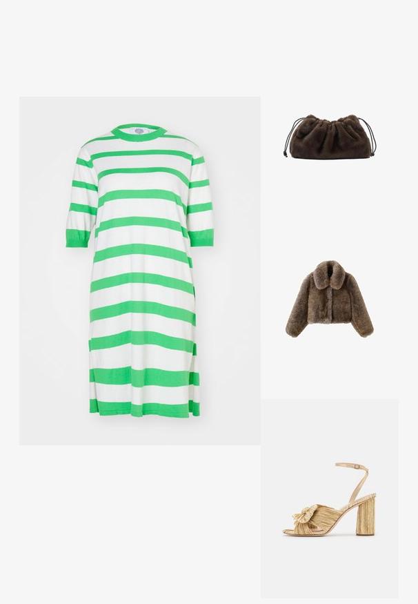 Hnědá umělá kožešinová zkrácená bunda s širokým límcem, plnými rukávy, texturovaným povrchem a předním zapínáním. Měkké a nadýchané designové detaily.; Zelené a bílé pruhované šaty ve tvaru trička s kulatým výstřihem, krátkými rukávy a postranními rozparky. Vyrobeno z měkké, lehké tkaniny.; Zlaté sandály na podpatku s uzlem vpředu, sklady na povrchu a páskem kolem kotníku. Blokový podpatek má žebrovaný design, který zvyšuje přilnavost.; Měkká tmavě hnědá kabelka z umělé kožešiny s nařaseným vrchem a černými stahovacími šňůrkami po obou stranách.