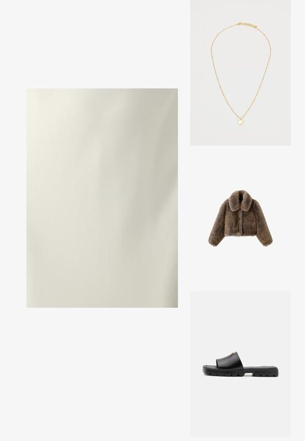 Bruine nepbont cropped jas met een brede kraag, volle mouwen, een gestructureerd oppervlak en een sluiting aan de voorkant. Zachte en pluche ontwerpelementen.; Zacht, crèmekleurig stof met een subtiele glans. De textuur is gelijkmatig, met een eenvoudige, minimalistische uitstraling en zonder zichtbare patronen of accenten.; Zwarte muiltjes met een gladde, matte leren bovenkant en een dikke, gestructureerde rubberen zool. Opvallende gouden hardware-accent op de bovenkant. Eenvoudig, open ontwerp.; Zachte donkerbruine nepbont pouch tas met een geplooide bovenkant en zwarte trekkoorden aan elke kant.; Gouden ketting met een fijne schakel en kleine, gelijkmatig verdeelde kralen, en een ronde hanger. De hanger heeft een glad, reflecterend oppervlak.