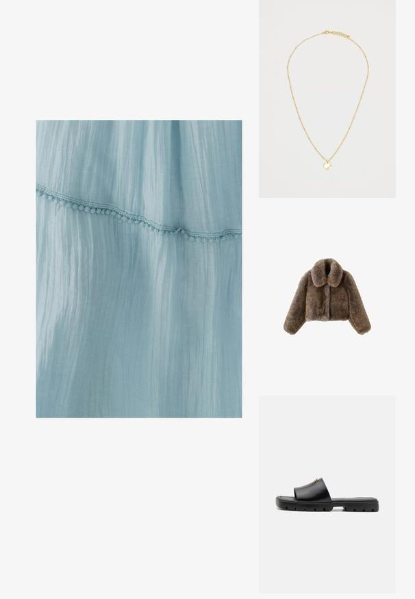 Ruskea keinoturkis cropped-takki, jossa on leveä kaulus, täysipitkät hihat, teksturoidut pinnat ja etukiinnitys. Pehmeät ja ylelliset muotoiluyksityiskohdat.; Vaaleansininen mekko, joka on valmistettu ryppyisestä kankaasta ja jossa on koristeellinen pitsireunus helman ympärillä. Kankaan rakenne on pehmeä ja ilmava.; Mustat mulesit, joissa on sileä, matta nahka-yläosa ja paksu, teksturoitu kumipohja. Huomiota herättävä kultainen varuste yläosassa. Yksinkertainen, avoin muotoilu.; Pehmeä tumma ruskea tekoturkispussi, jossa on rypistynyt yläosa ja mustat nyörit kummallakin puolella.; Kultaketju, jossa on hieno ketju, pieniä tasaisesti aseteltuja helmiä ja pyöreä riipus. Riipus on sileä ja heijastava pinta.