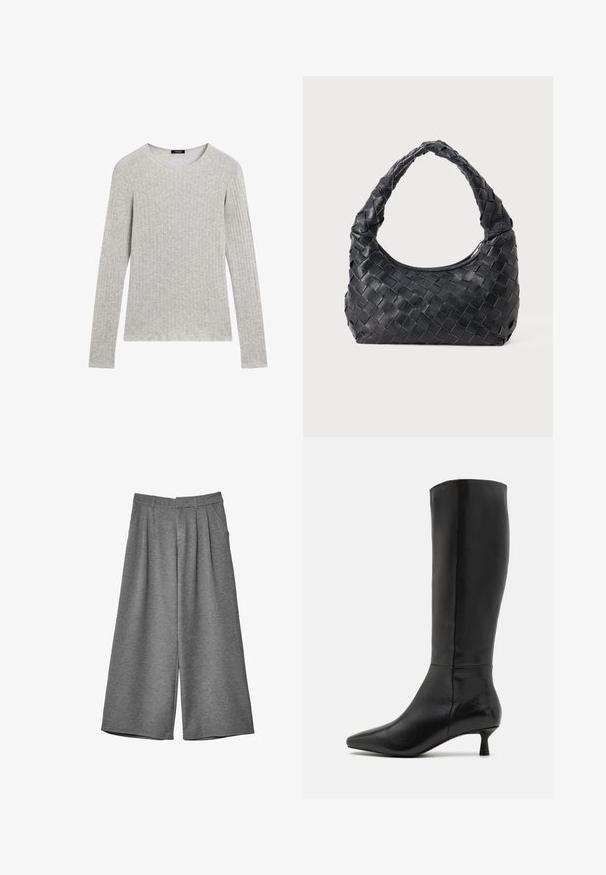 Giacca cropped in pelliccia sintetica marrone con un ampio colletto, maniche lunghe, superficie testurizzata e chiusura frontale. Dettagli di design morbidi e pelosi.; Maglietta a maniche lunghe grigia con texture a coste e scollatura rotonda. Design semplice con cuciture uniformi; nessun motivo o accento visibile.; Pantaloni cropped grigi a gamba larga con passanti per cintura, tasche laterali e pieghe frontali, realizzati in un tessuto morbido.; Zign Stivali alti - black; Borsa a spalla intrecciata in pelle nera con manico rotondo e corpo a forma di mezzaluna su sfondo semplice.